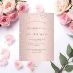 Convites rosa de festa de aniversário de dourado de espiral<br><div class="desc">Um convite moderno, na moda e glamouroso para a 50ª festa de aniversário (ou qualquer idade) da mulher. Um fundo metálico rosa dourado falso com uma elegante borrifa rosa de diamante dourado. O nome é escrito com um moderno e escuro, rosa dourado, escrito com letra de estilo manuscrito. Modelos para...</div>