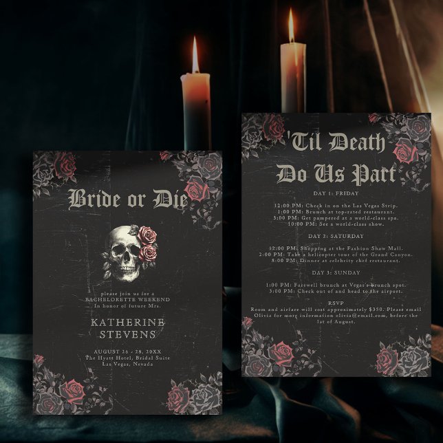 Convites Rosa de Festa de solteira de Caveira Noiva Itinerá (bride or die bachelorette party invitation itinerary moody dark goth gothic til death floral skull)