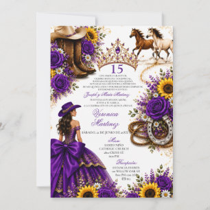Convites Rosa de Girassol Roxo Vaquera Quinceañera 