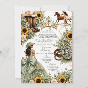 Convites Rosa de Girassol Verde Salvia Vaquera Quinceañera 