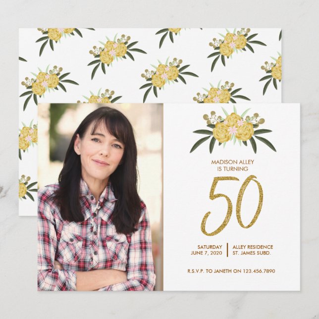 Convites Rosa de Glitter Dourado e Folhas Botânicas 50º Ani (Frente/Verso)