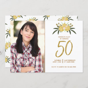 Convites Rosa de Glitter Dourado e Folhas Botânicas 50º Ani