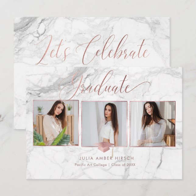 Convites Rosa de Graduação do PixDezines Marble Faux Dourad (Frente/Verso)