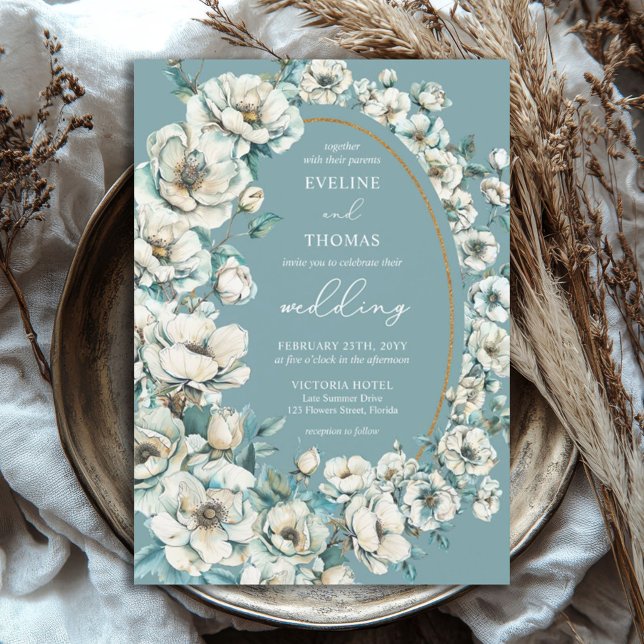 Convites Rosa de jardim de turquesa verde-macio (watercolor teal and gold mixed white flowers wedding invitation)