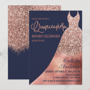 Convites Rosa de luxo, Dourado, Glitter, Vestida Quinceañer