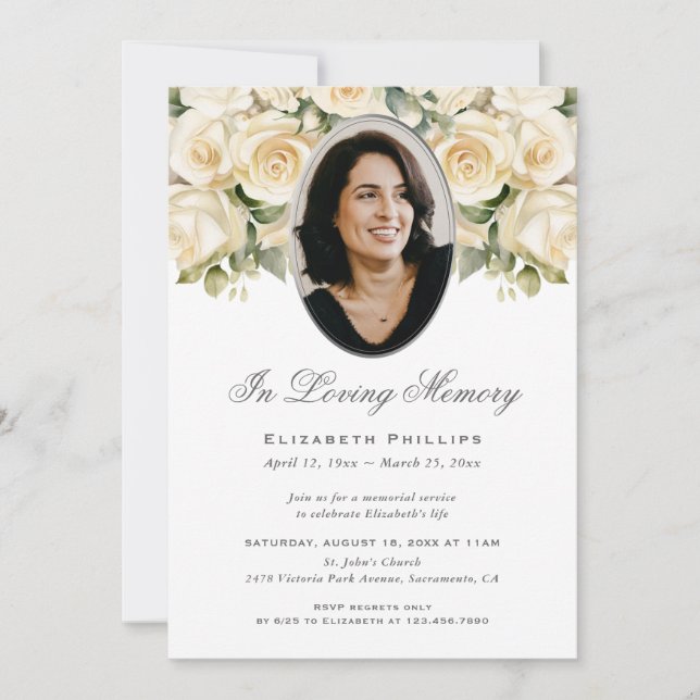 Convites Rosa de Marfim Prateado Foto Memorial Em Memória C (Frente)