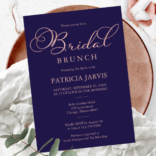 Convites Rosa de Ouro Azul Marinho Folha de Script Brunch N