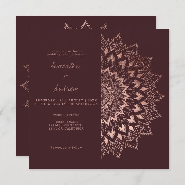Convites Rosa de ouro boêmico casamento floral mandala verm (Frente/Verso)