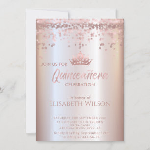 Convites Rosa de ouro brilhante confetti tiara Quinceañera 