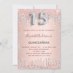 Convites Rosa de ouro de Quinceanera, reluz de prata