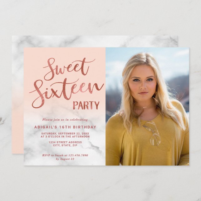 Convites Rosa de ouro elegante, 16 festas de aniversário (Frente/Verso)