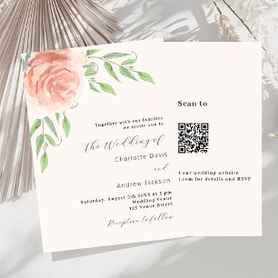 Convites Rosa de ouro floral verde código QR casamento RSVP