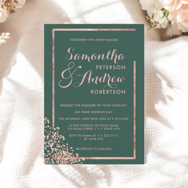 Convites Rosa de ouro moderno armação verde confetti casame (Modern rose gold frame green confetti wedding invitation)