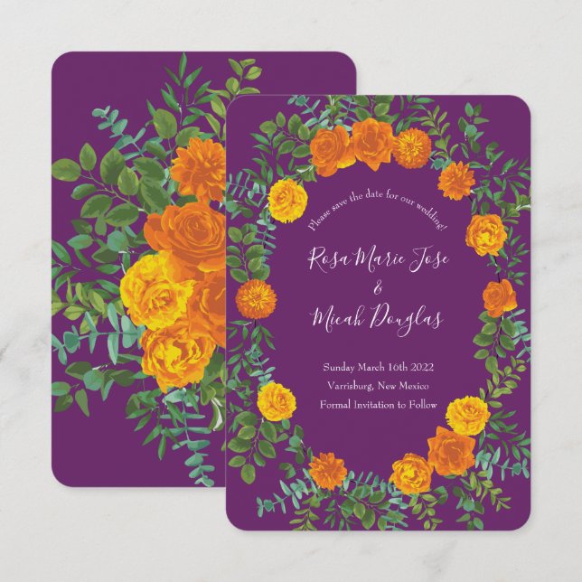 Convites Rosa de Peônia Roxa e Laranja & Save the Date de C (Frente/Verso)