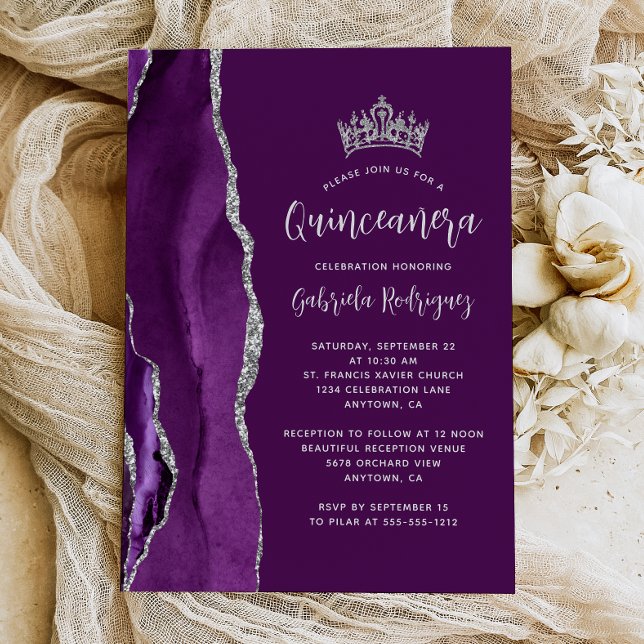 Convites Rosa de Plumagem Prata Ágata Quinceañera (Criador carregado)