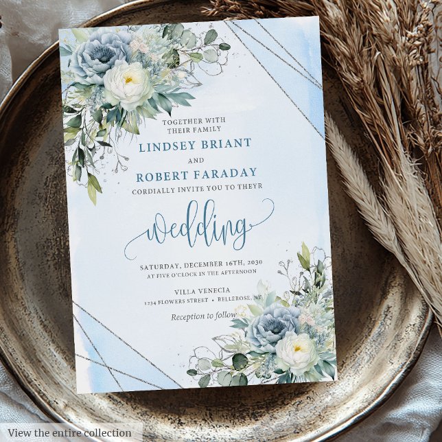 Convites Rosa de Prata Azul Moderno Boho Dusty (Modern Boho Dusty Blue Silver Roses Wedding Invitation)