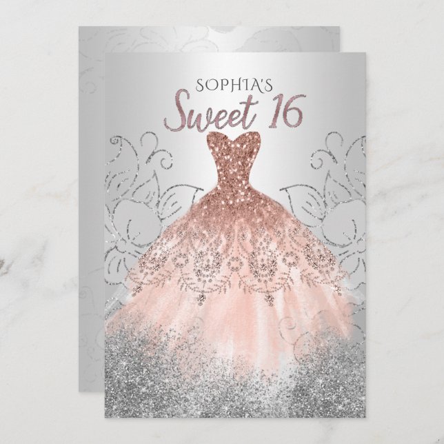 Convites Rosa de Prata Dourada Sparkle Vestido 16 anos (Frente/Verso)