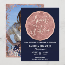 Convites Rosa de Quic - Foto de polígono Dourado Glitter 16