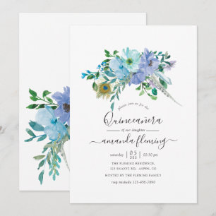Convites Rosa de Quinze Anos Floral Boho em Aquarela Azul e