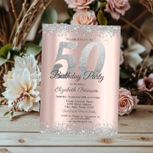 Convites Rosa de Silver Glitter Confetti Dourado 50º Aniver