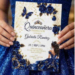 Convites Rosa de Tiaras Douradas Azul Real Quinceañera