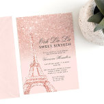 Convites Rosa de torre Eiffel cor-de-rosa brilhante 16<br><div class="desc">Um doce moderno,  chico e glamouroso dezesseis,  com um traçado manual de ouro-rosa francês,  o tema Paris Eiffel Tower,  com cinzas de gradiente ombre com brilho rosa dourado e brilho num fundo rosado pastel editável.</div>