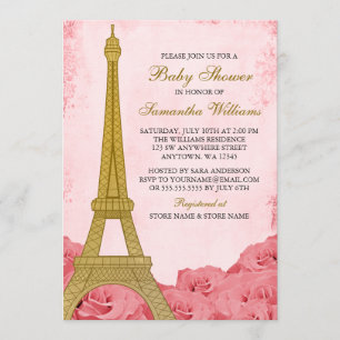 Convites Rosa de Torre Eiffel em Paris, Chá de fraldas Dour