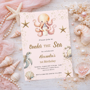 Convites Rosa debaixo do mar oceano animal menina 1º Aniver