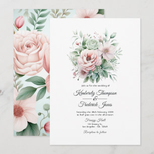 Convites Rosa Desbotada, Verde Menta e Casamento Floral Bei