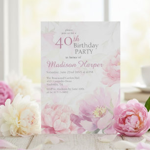 Convites Rosa Desmaiado Peônia Aquarela Aniversário de 40 a