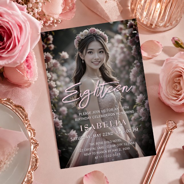 Convites Rosa Desmaiado Script Dezoito Foto Aniversário de  (A beautifully styled invitation for an unforgettable eighteenth birthday.)