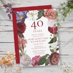 Convites rosa do 40º aniversário do Casamento Ruby<br><div class="desc">Apresentando rosas decorativas de campo caindo sobre um falso quadro de película rubi envolvendo seus detalhes personalizados de aniversário de casamento rubis e os nomes de casais felizes definidos em texto vermelho rubi clássico. Projetado por Thisnotme©</div>