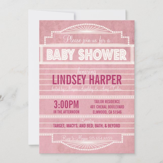 Convites Rosa do chá de fraldas do famoso do filme dos anos (Frente)