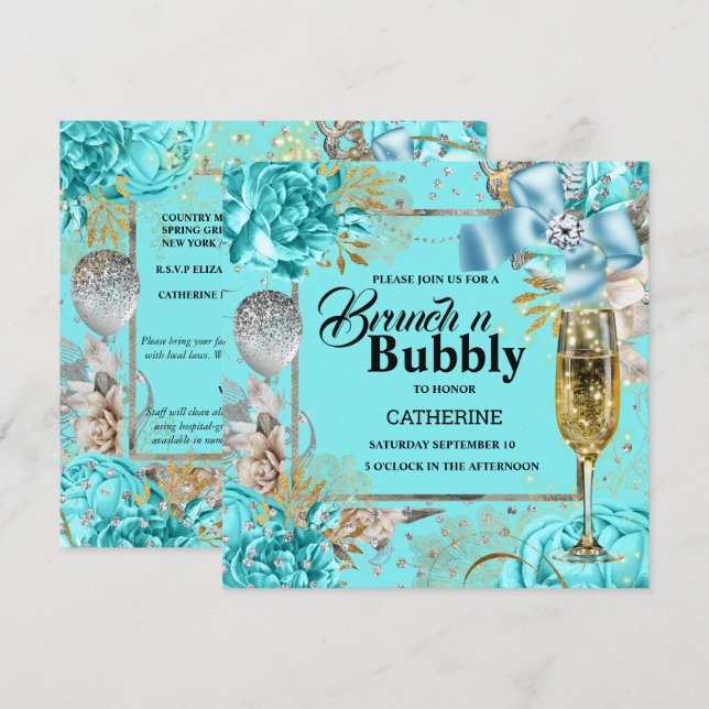 Convites Rosa do chique Vintage aqua agitação (Frente/Verso)