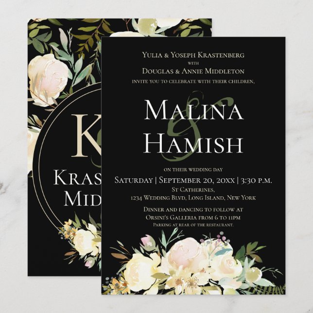 Convites Rosa do Monograma Personalizado de Casamento Escur (Frente/Verso)