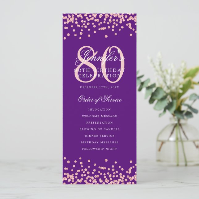 Convites Rosa do Programa de Aniversário do 80 Roxo Dourado (Em pé/Frente)