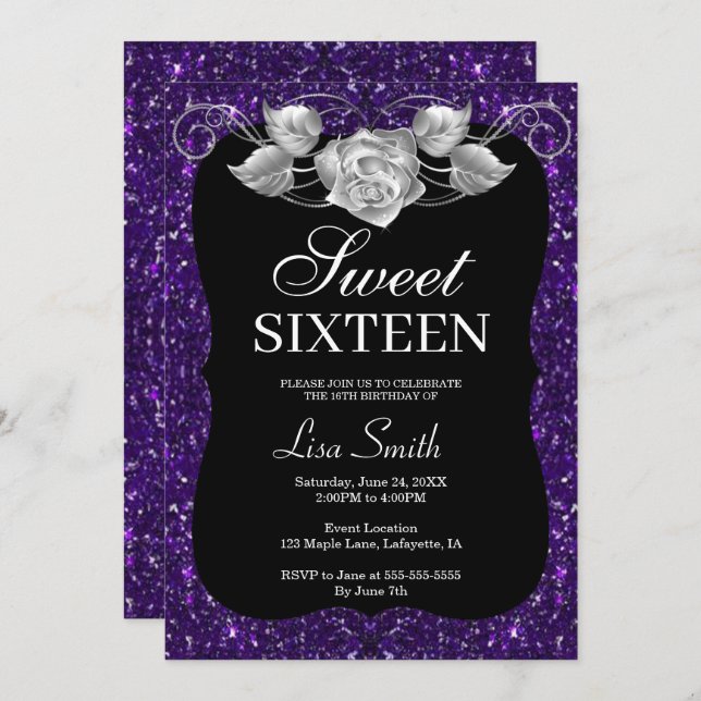 Convites Rosa Doce 16 Com Glitter Roxo-Chic Elegante 16 (Frente/Verso)