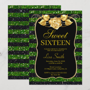 Convites Rosa Doce 16 - Glitter Verde Negro Elegante
