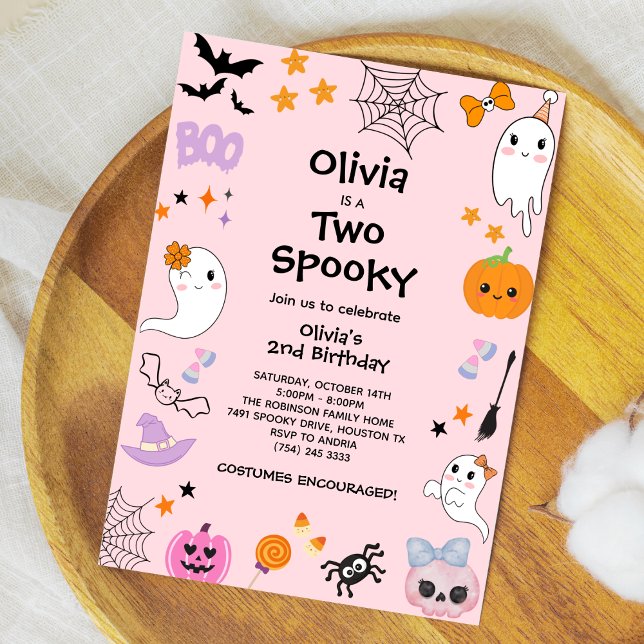 Convites Rosa Dois segundo aniversário Fantasma Fantasma Fa (Pink Two Spooky Cute Ghost Halloween 2nd Birthday Invitation )