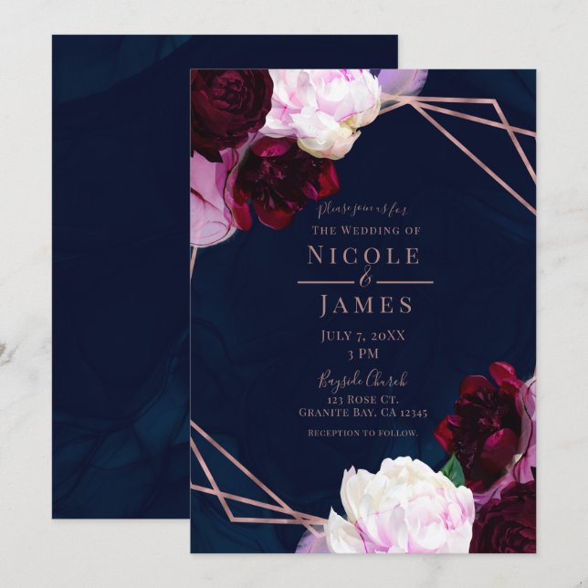 Convites Rosa Dourada Azul Naval Floral Casamento Glam Mode (Frente/Verso)