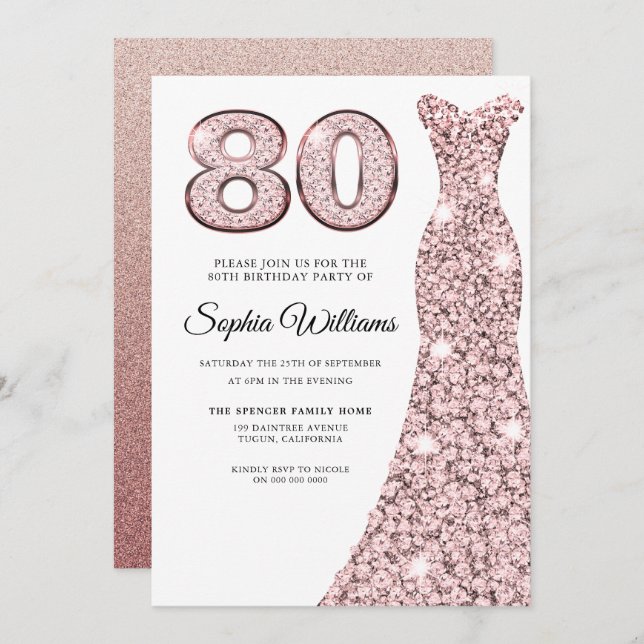 Convites Rosa Dourada Blush Dress Womans 80 Festa de aniver (Frente/Verso)