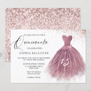 Convites Rosa Dourada Blush Glitter Gown Quinceanera