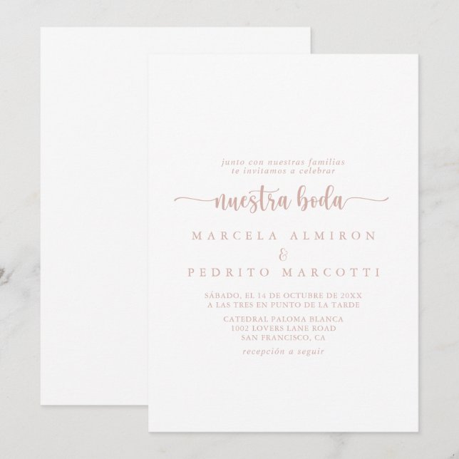 Convites Rosa Dourada Calliografia Nuestra Boda Wedding (Frente/Verso)