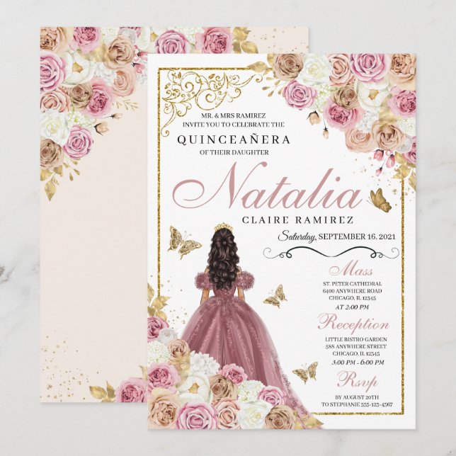 Convites Rosa Dourada Champanhe Butterfly Princess Quincean (Frente/Verso)