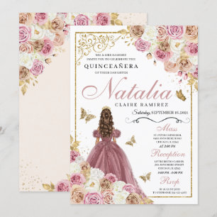 Convites Rosa Dourada Champanhe Butterfly Princess Quincean