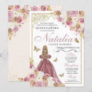 Convites Rosa Dourada Champanhe Butterfly Princess Quincean