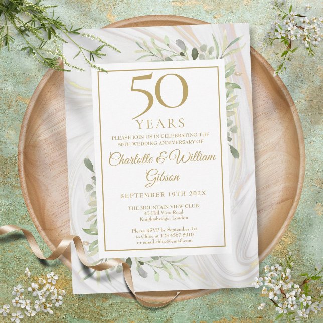 Convites Rosa Dourada do 50º Aniversário de Ouro Mármore Ve (50th Gold Anniversary Rose Gold Marble Greenery Invitation)