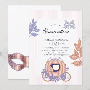 Convites Rosa Dourada e Lilac Glitter Princesa Quinceañera