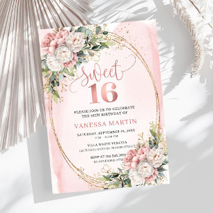 Convites Rosa Dourada Elegante Flora Verdejante Sweet Sixte