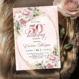 Convites Rosa Dourada em Flor Eucalipto Aniversário de 50 a